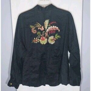 Womens Shacket Sz 4X Black 100% Ramie Embroidered Boho Artsy Cottagecore Jacket